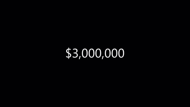 Dollar number counter animation from 0 to 3,000,000 in 4k for amount concept and financial or business use, animated dollar counting from zero to three million on transparent background. 