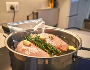 Cooking chicken breast in water bath with herbs and garlic in kitchen using sous vide method for perfect texture and flavor