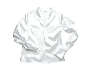 A crisp white, long-sleeved satin blouse with a V-neck and collared neckline