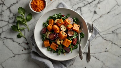 Gourmet Roasted Sweet Potato and Beetroot Salad with Fresh Green Leaves Nuts and Seeds on White Plate Healthy Vegetarian Meal Plant Based Nutrition Fine Dining Food Photography Macro Detail
