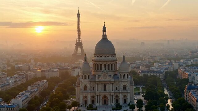 Paris skyline with Eiffel Tower and cathedral