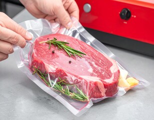 Instructions for preparing vacuum-sealed steak with herbs for cooking at home in a modern kitchen