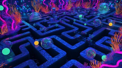 Neon Coral Maze With Floating Bubble Domes And Undersea Lighting Effects For Play Areas