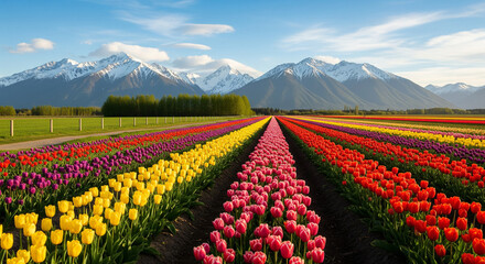 field of tulips and blue sky