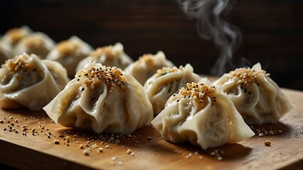 Authentic Steamed Chinese Dim Sum Dumplings with Minced Topping on Wooden Serving Tray Close Up Gourmet Asian Fusion Cuisine Traditional Appetizer Macro Food Photography for Menu Design
