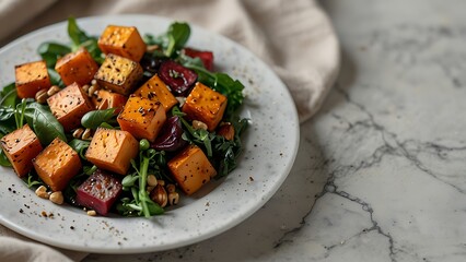 Gourmet Roasted Sweet Potato and Beetroot Salad with Fresh Green Leaves Nuts and Seeds on White Plate Healthy Vegetarian Meal Plant Based Nutrition Fine Dining Food Photography Macro Detail