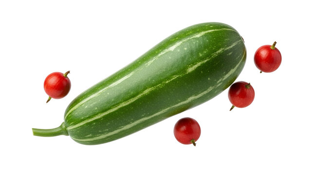 Fresh green striped pointed gourd and four vibrant red berries are suspended on white, highlighting healthy organic produce for inspiring culinary