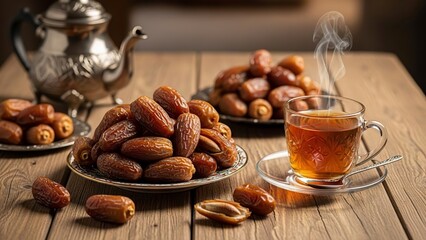 Dates tea and a teapot are displayed on a wooden table presenting a warm inviting scene