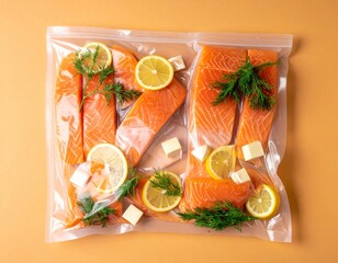Salmon fillets prepared for cooking with herbs and lemon on a beige background