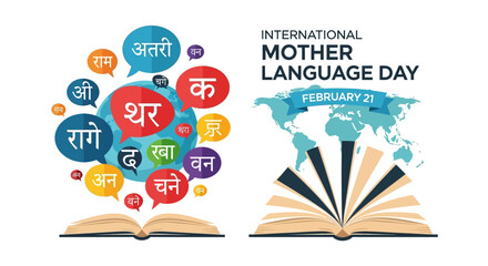 International Mother Language Day celebration with speech bubbles and open book on world map background illustration