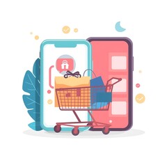 Online shopping and e-commerce illustration, flat vector design, shopping cart and mobile phone, isolated on white background, PNG, modern style&rdquo;