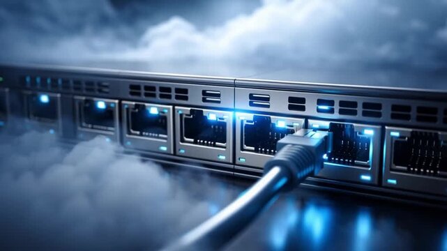 Network cable server data center cloud computing digital transformation technology infrastructure connection glowing port hardware secure transfer futuristic atmosphere security digital connection
