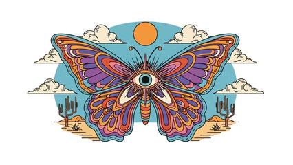 Psychedelic Butterfly with All-Seeing Eye in a Desert Landscape Under the Sun © Myanee