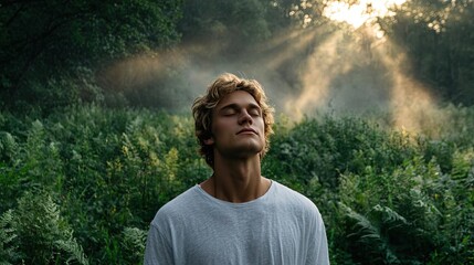 Young man breathes calmly amid greenery concept. A serene moment of reflection in a sunlit natural environment.