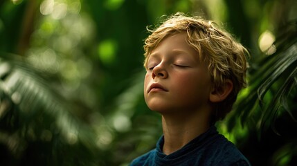 Young man breathes calmly amid greenery concept. A serene boy enjoying tranquility in a lush green environment.