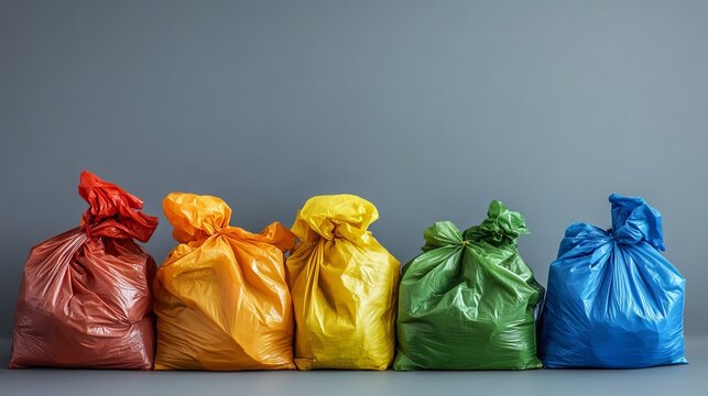 53.A creative shot of empty garbage bags of multiple colors, arranged in a neat pile. The contrasting gray background adds a minimalist touch, emphasizing the need for proper sorting and recycling to