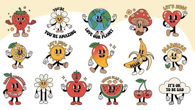 Retro Cartoon Style Cute Fruit & Veggie Characters with Positive Quotes Vector