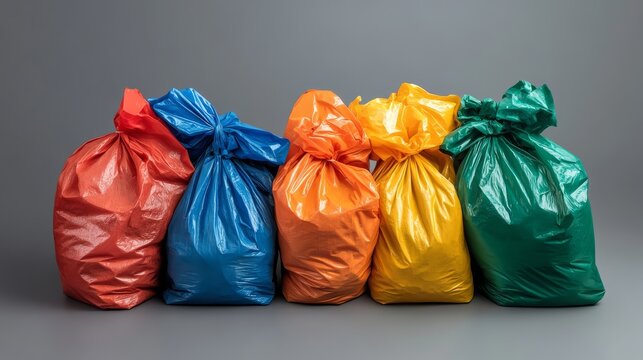 53.A creative shot of empty garbage bags of multiple colors, arranged in a neat pile. The contrasting gray background adds a minimalist touch, emphasizing the need for proper sorting and recycling to