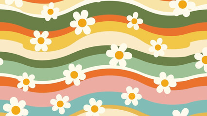 Retro Floral Pattern on Wavy Stripes, Vintage Aesthetic Seamless Background