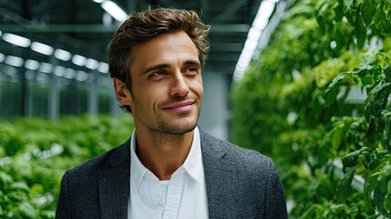 Young man breathes calmly amid greenery concept. A smiling man in a greenhouse surrounded by vibrant greenery.