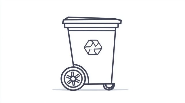 58.A simple and clean vector drawing of a rubbish bin with a lid and wheels, shown in thin outline form. The icon represents modern waste management solutions, perfect for use in environmental