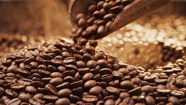 A wooden scoop pours roasted coffee beans into a pile