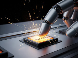 Robotic arm pressing the execute button with sparks flying, symbolizing automation and action