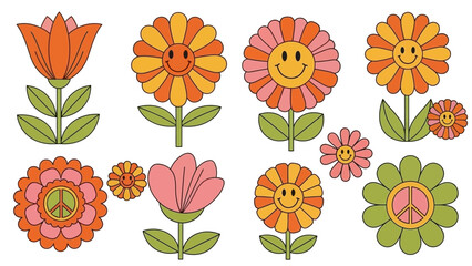 Retro Psychedelic Flowers with Smiley Faces and Peace Signs Vector Art