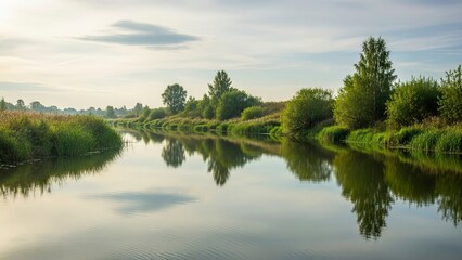 Fototapeta premium Serene river reflecting trees under a soft sky