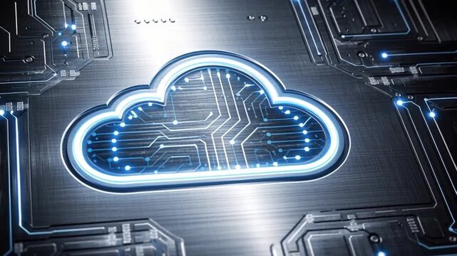 Cloud digital computing transformation technology data network futuristic abstract innovation glowing blue neon circuit cloud icon metal board visualizing modern data server storage security
