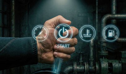 Ai automation start button concept no code power symbol in male hand control panel factory industrial background vision
