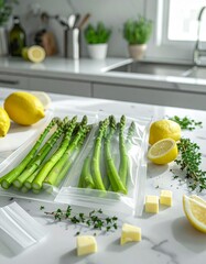 Fresh asparagus and lemons prepared for cooking in a bright kitchen with herbs and butter nearby