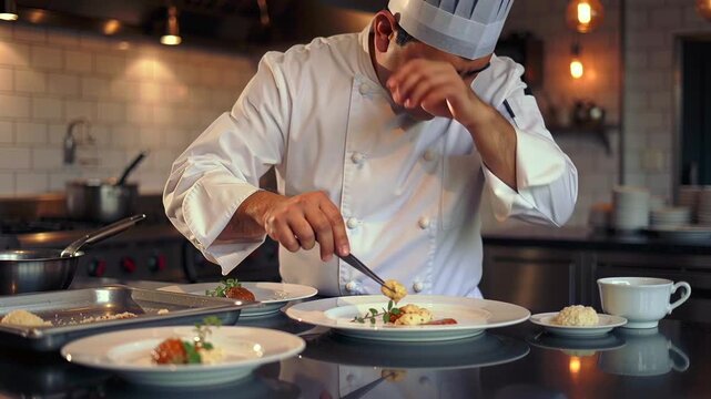chef plating gourmet entre in professional kitchen, executive chef finetuning sauce and garnish, sous chef observing mise en place, matre d inspecting presentation, warm ambient