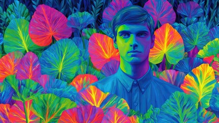 Young man breathes calmly amid greenery concept. A vibrant portrait of a man amidst colorful foliage.