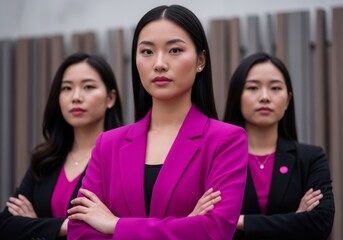 Three serious East Asian businesswomen standing with crossed arms, central woman in fuchsia blazer, strong unified corporate team portrait