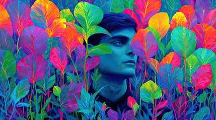 Young man breathes calmly amid greenery concept. A vibrant portrait blending human and nature elements vividly.