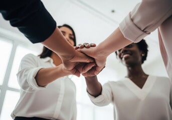 Close-Up of Diverse Women Stacking Hands, Teamwork Gesture, Unity and Collaboration, Bright Modern Office, Professional Group Illustration