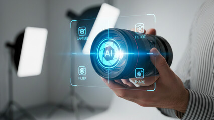 Ai camera lens no code automation concept in modern studio technology workflow showing digital capture filter share icon interface display