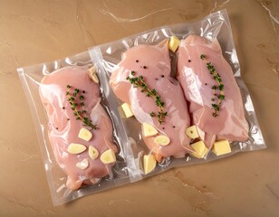 Fresh chicken breast portions with garlic and herbs vacuum sealed for cooking