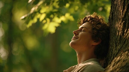 Young man breathes calmly amid greenery concept. A person enjoying nature in a peaceful outdoor setting.