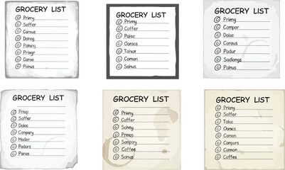 Fototapeta premium Six different styles of hand-drawn grocery lists on textured paper show various mockups for shopping organization and task management.