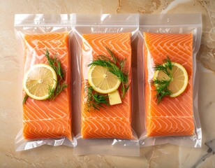 Fresh salmon fillets in vacuum-sealed bags with lemon and dill on a kitchen counter