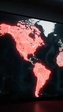 Digital map highlighting North and Central America in glowing red against a dark background