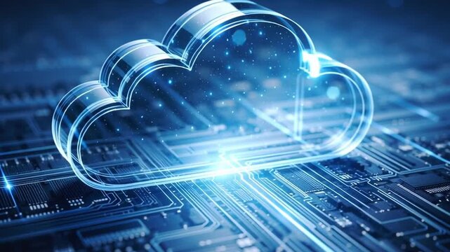 Digital cloud transformation computing concept with glowing cloud icon over futuristic circuit board background, advanced data technology network storage security connectivity and virtual server