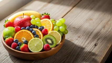 Fruit bowl with strawberries oranges grapes apples and blueberries on a wooden surface