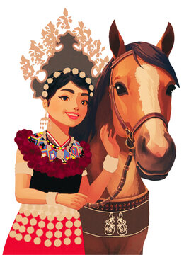 Girl with a horse - indigenous lady (Sea Dayak Iban Borneo of Sarawak)  with a horse.