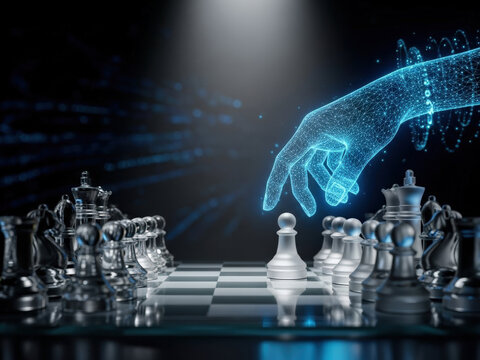 Digital hand makes first move on chessboard with glass pieces, symbolizing AI strategy