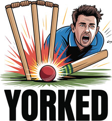 YORKER Blast Vector: Cricket Batsman Reacts as Red Ball Shatters Stumps in Explosive Bowled Out Moment with Intense Expression.