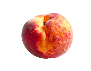 Ripe, juicy nectarine with red and yellow hues, glistening with dew drops