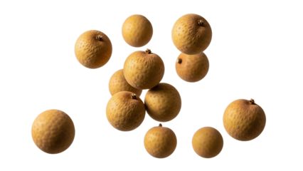 Lively longan fruits suspended in mid-air against a pristine white backdrop, showcasing their delicate textured skin and natural, wholesome appeal,